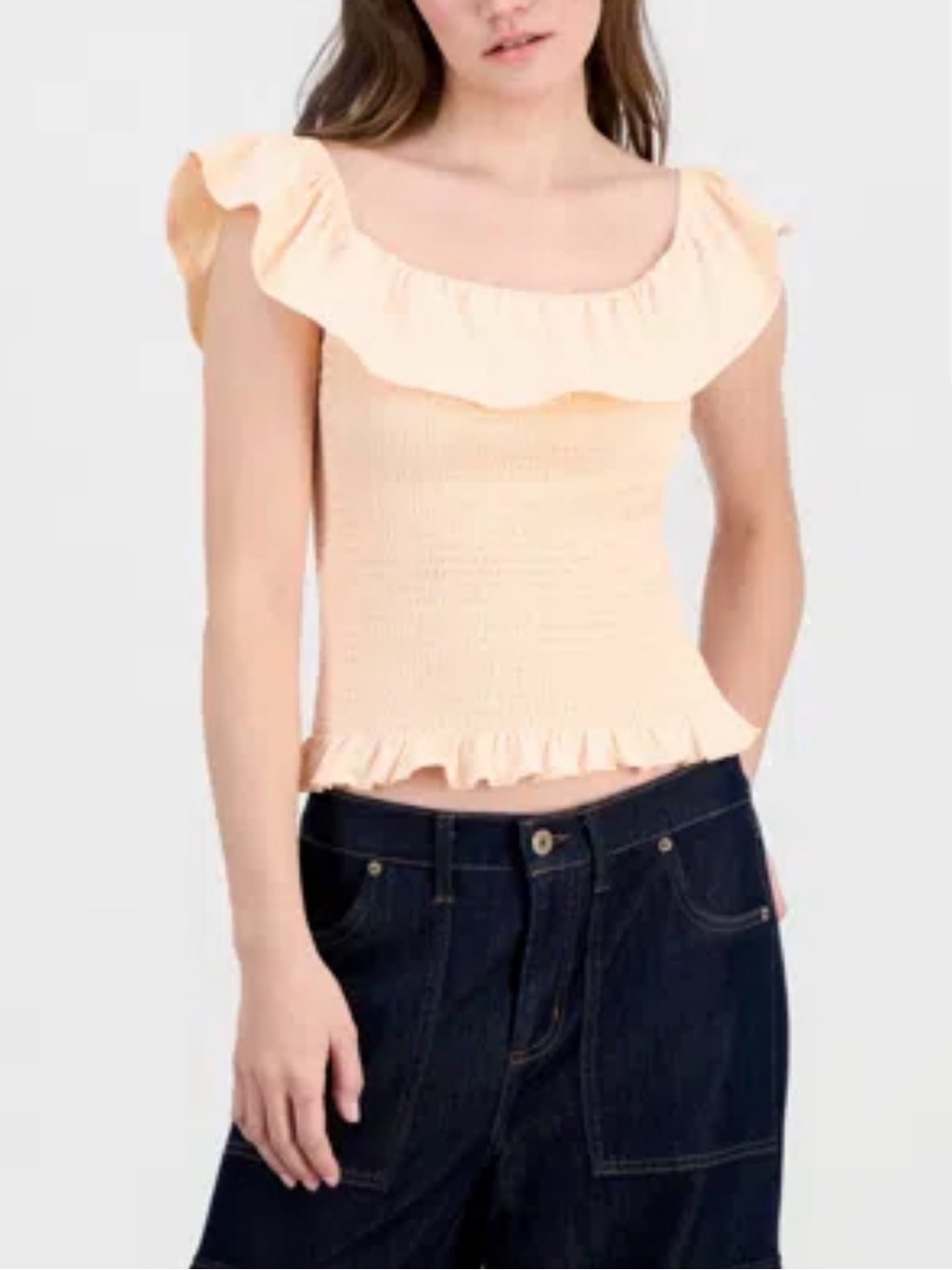 Just Polly Juniors Ruffled Smocked Scoop-neck Top Orange Stretch Crop Top Sz M